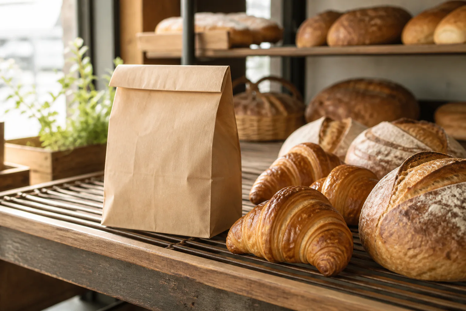 A plain mystery bag beside croissants and fresh bread in a bakery