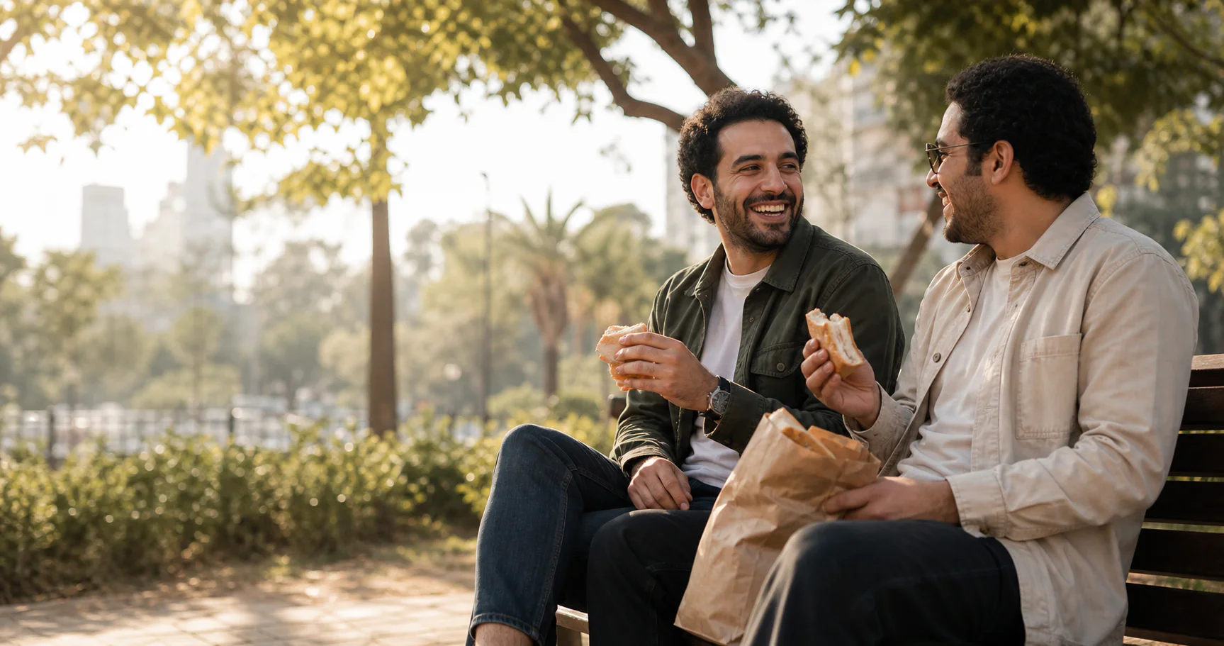 Friends sharing a casual meal together outdoors